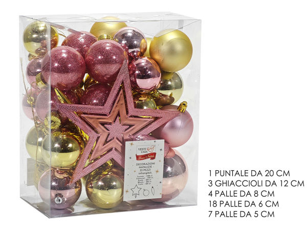 Set decorazioni natalizie 33 pezzi oro e rosa con puntale e palline