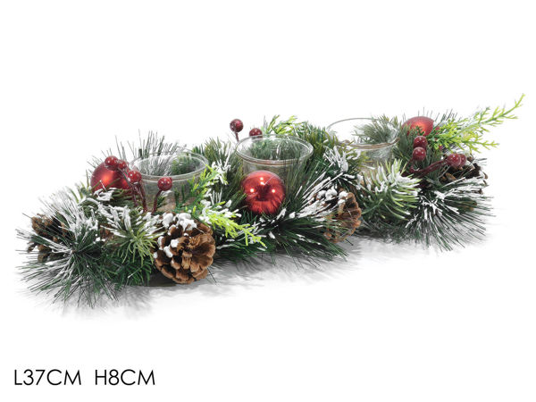 Portacandele natalizio con bacche rosse e pigne 37 cm con 3 portavoti