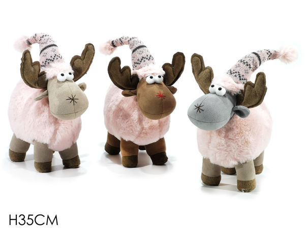 Renna natalizia in stoffa con cappello rosa H35 cm singola