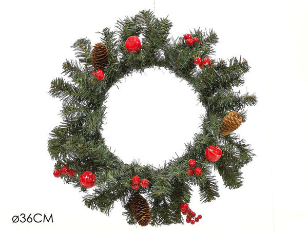 Ghirlanda natalizia 36 cm con bacche rosse e pigne decorative