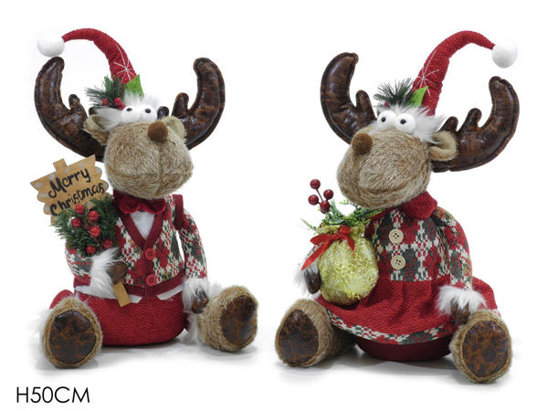 Renna natalizia seduta H50 cm in stoffa con abiti natalizi – vendita singola