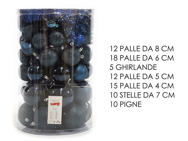 Set 82 pezzi blu con palle, ghirlande, stelle e pigne per albero di Natale