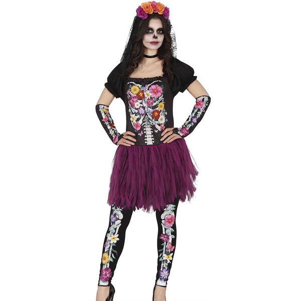 Costume Catrina Donna Halloween con abito, manicotti e pantaloni (taglie S-M-L)
