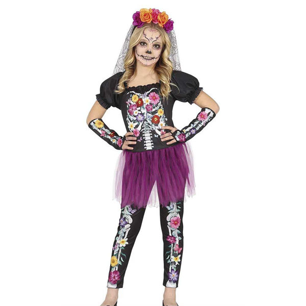 Costume Catrina Floreale Bambina Halloween con maglietta, pantaloni e guanti (taglie 5/6, 7/9, 10/12 anni)