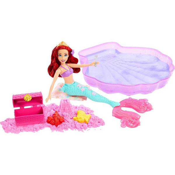 Playset Disney Princess Ariel Sand & Swim con bambola, piscina a conchiglia e sabbia modellabile