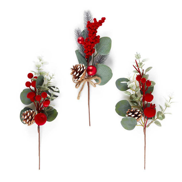 Pick eucalipto floccato bordeaux con bacche e pigne H32 cm design assortiti