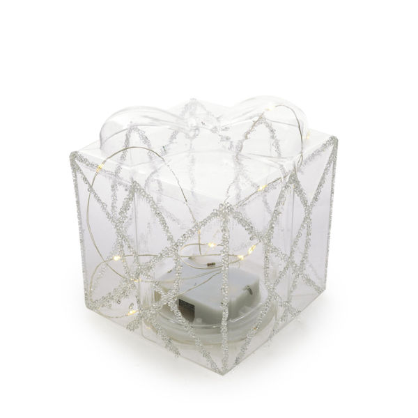 Pacco regalo decorativo in vetro con perline e luci LED a batteria, 12x12xH.14 cm