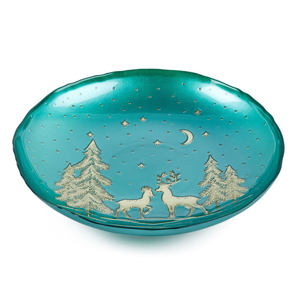 Centrotavola natalizio verde e oro in vetro Ø31 cm con decorazioni cervi e abeti