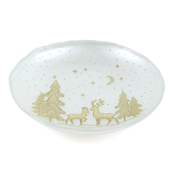 Centrotavola natalizio bianco e oro in vetro Ø31 cm con decorazioni cervi e abeti