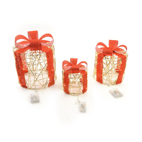 Pacchi regalo tondi oro con fiocco rosso glitterato e luci LED bianco caldo disponibili in 3 misure