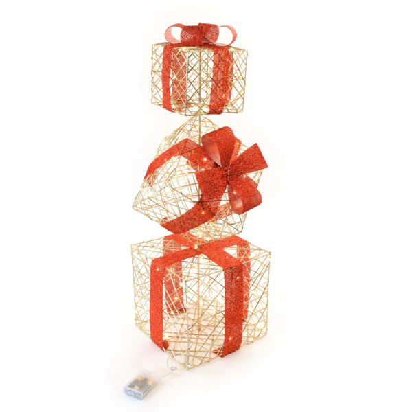 Composizione 3 pacchi regalo oro in metallo con 90 luci LED 25x25xH.78 cm