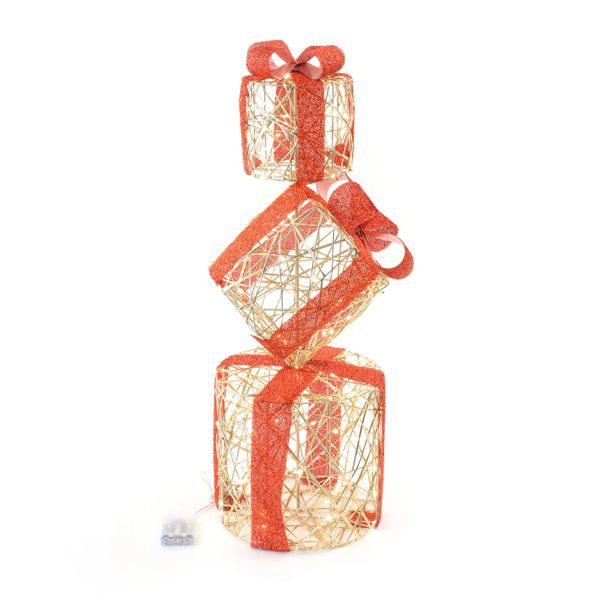 Composizione 3 pacchi regalo oro in metallo con 90 luci LED 25x25xH.73 cm