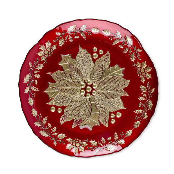 Piatto tondo decorato rosso e oro in vetro Ø33 cm per Natale
