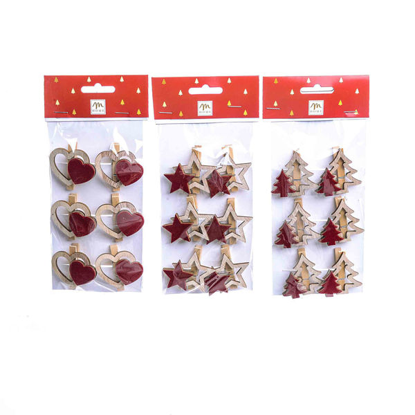 Set 6 mollette natalizie in legno assortite con cuori, stelle e alberi
