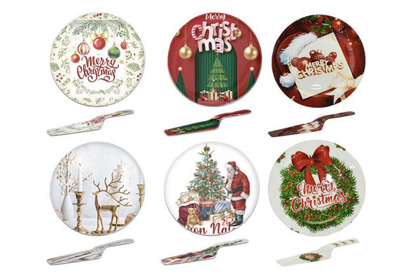 Piatto tondo natalizio da 30 cm con paletta abbinata, confezione regalo assortita