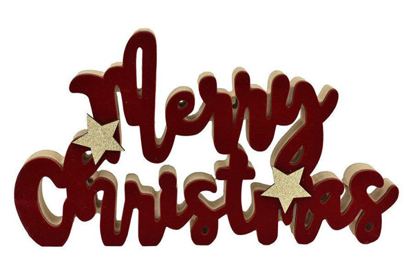 Scritta decorativa Merry Christmas effetto velluto rosso con stelle dorate 27x15 cm