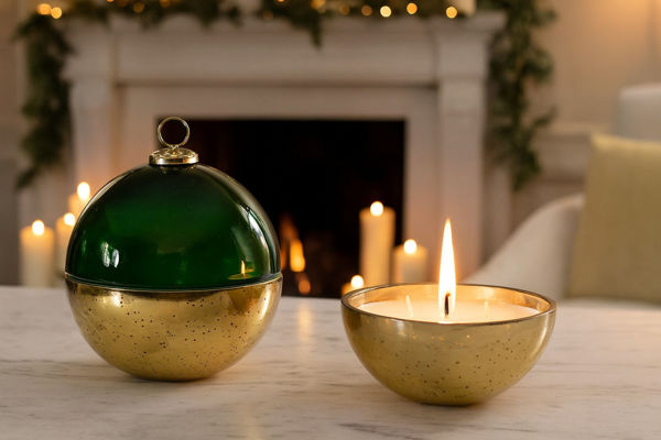 Candela profumata in palla di vetro oro e verde Ø13xH13,5 cm