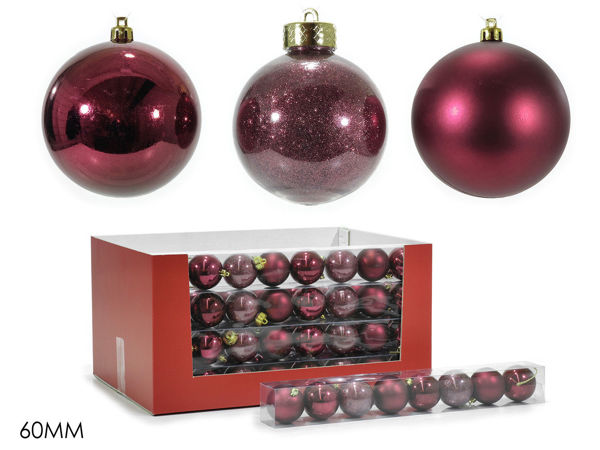 Set 8 palle di Natale bordeaux 60mm mix lucide opache glitter