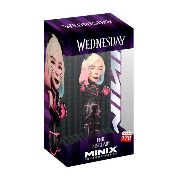 Statuetta Minix Enid Sinclair cat suit nera e rosa da collezione serie TV Wednesday