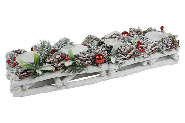 Porta candele natalizio bianco con 4 fiamme pigne e bacche rosse