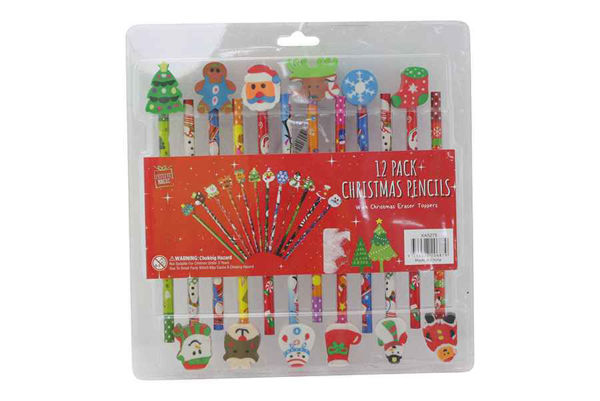 Set da 12 matite natalizie colorate con gomme decorative a tema