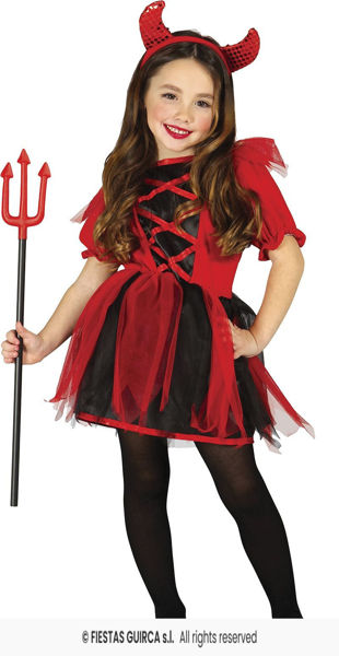 Costume Diavolessa bambina rosso e nero con corna, abito e cerchietto