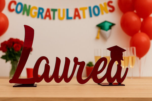Scritta Laurea in plexiglas rosso con cappello di laurea decorativa