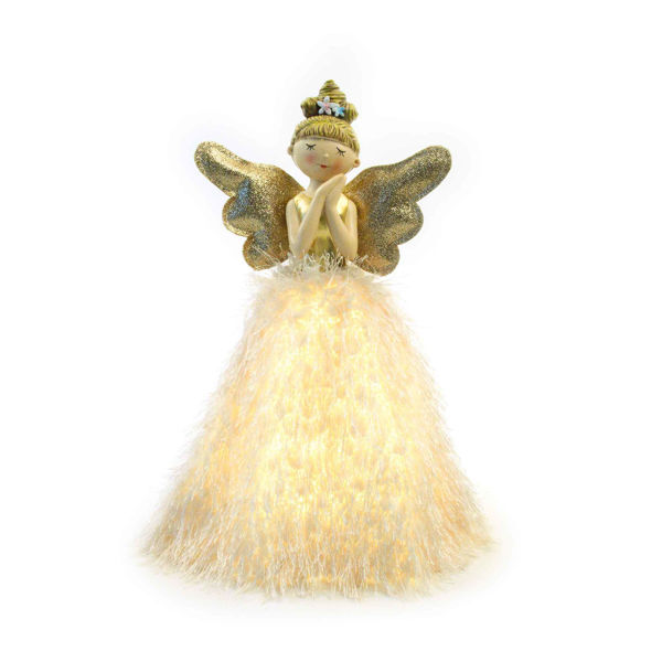 Fatina decorativa in plastica e tessuto con ali dorate e luci LED