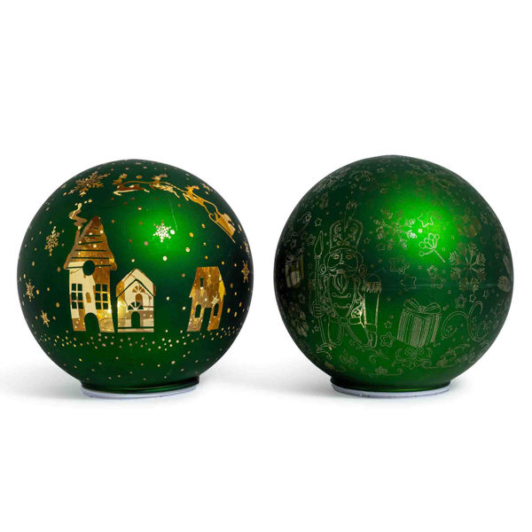 Palla di Natale verde in vetro con luci LED e decorazioni dorate