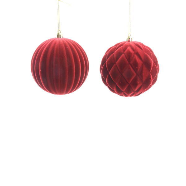 Palla natalizia bordeaux in plastica floccata con design assortiti