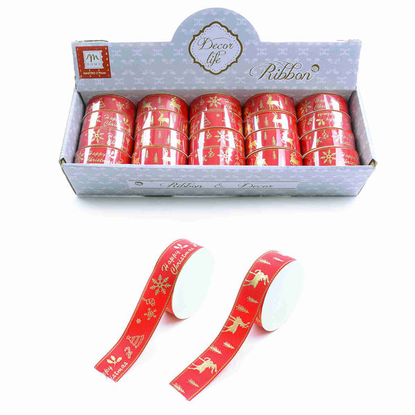 Nastro natalizio rosso scuro in tessuto con decorazioni dorate per pacchi e addobbi