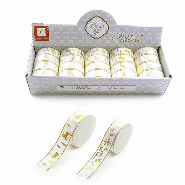 Nastro natalizio bianco in tessuto con decorazioni dorate per pacchi e addobbi