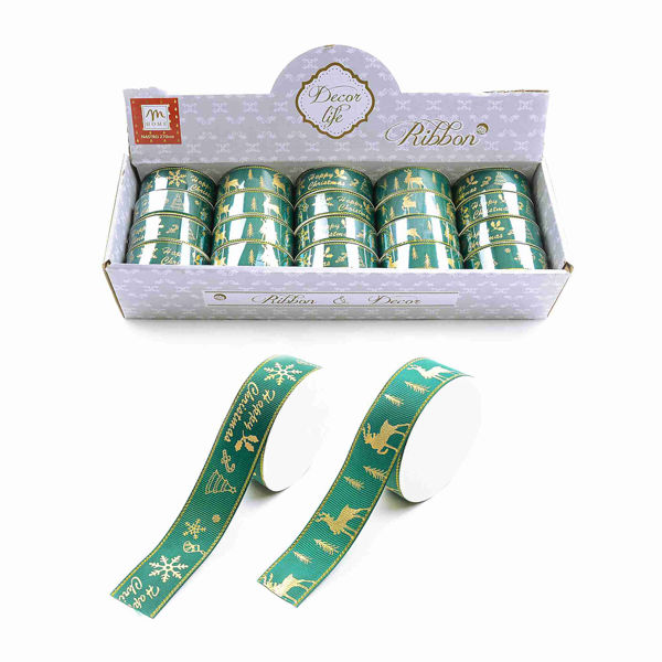 Nastro natalizio verde in tessuto con decorazioni oro per pacchi e addobbi