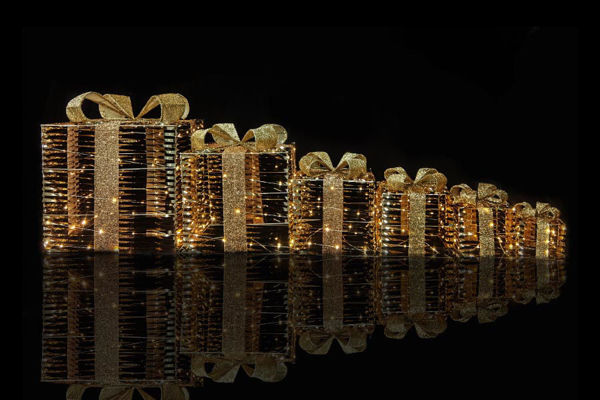 Scatola Regalo Oro con LED bianco caldo disponibile in diverse dimensioni da 15 a 50 cm