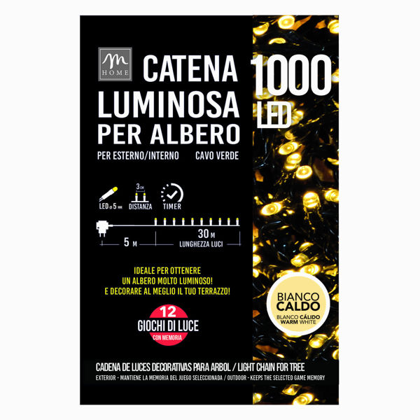 Catena luminosa 1000 LED bianco caldo con 12 giochi di luce per albero di Natale