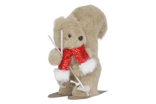 Scoiattolo natalizio marrone con sci e sciarpa rossa decorativa 19 cm