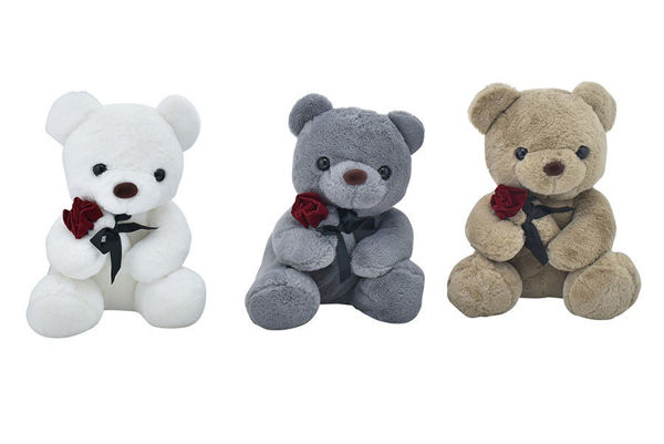 Orsetto peluche alto 20 cm con rosa rossa, disponibile in vari colori