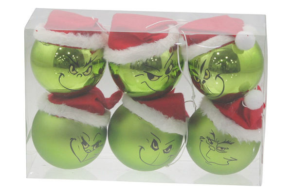 Box 6 sfere verdi Grinch 8 cm con cappellino rosso