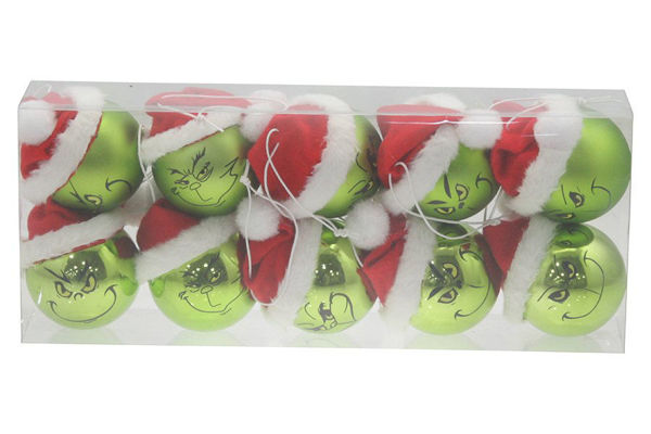 Box 10 sfere verdi Grinch 6 cm con cappellino rosso