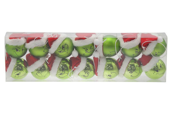 Box 14 sfere verdi Grinch 5 cm con cappellino rosso