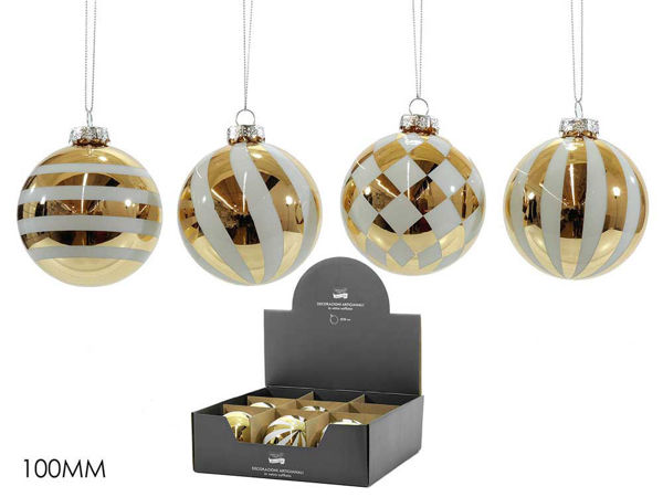 Palla natalizia in vetro Ø10 cm oro con decori bianchi assortiti