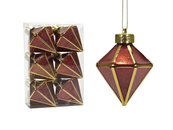 Set di 6 decorazioni natalizie rosse glitter a diamante con rifiniture dorate