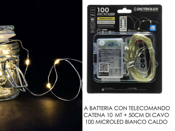 Catena luminosa 100 MicroLED bianco caldo 10 m con telecomando a batteria