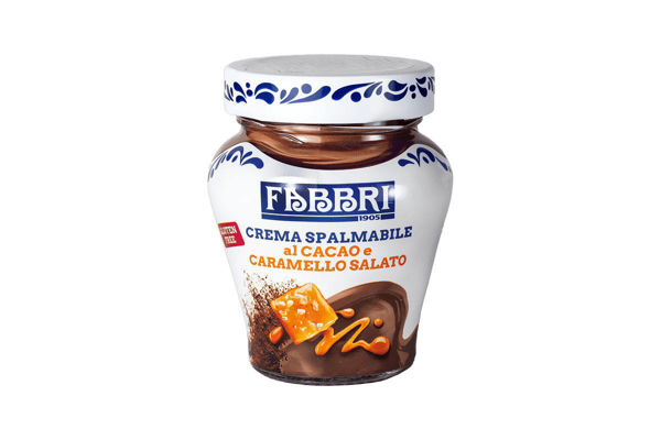 Crema spalmabile Fabbri al cacao e caramello salato 200 grammi vaso bianco e blu