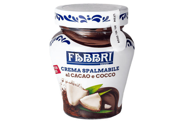 Crema spalmabile Fabbri al cacao e cocco 200 grammi vaso bianco e blu