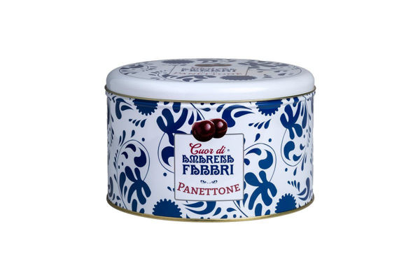 Panettone con Amarena Fabbri in latta bianca e blu da 500 grammi