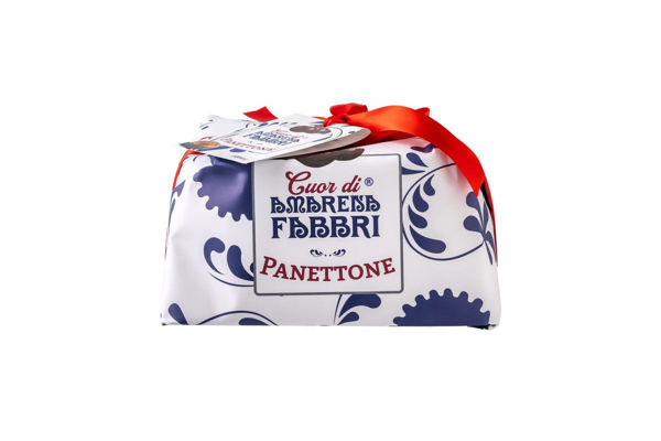 Panettone Cuor di Amarena Fabbri 1kg incarto bianco e blu con nastro rosso