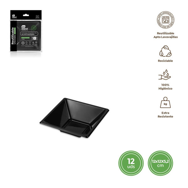 Ciotola quadrata nera riutilizzabile in plastica PS 12x12x5,2 cm confezione da 12 pezzi