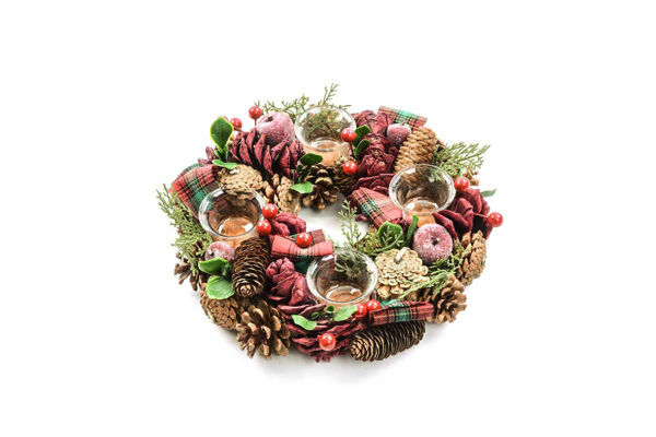 Portacandela natalizio 4 fuochi Ø32 cm con pigne e bacche