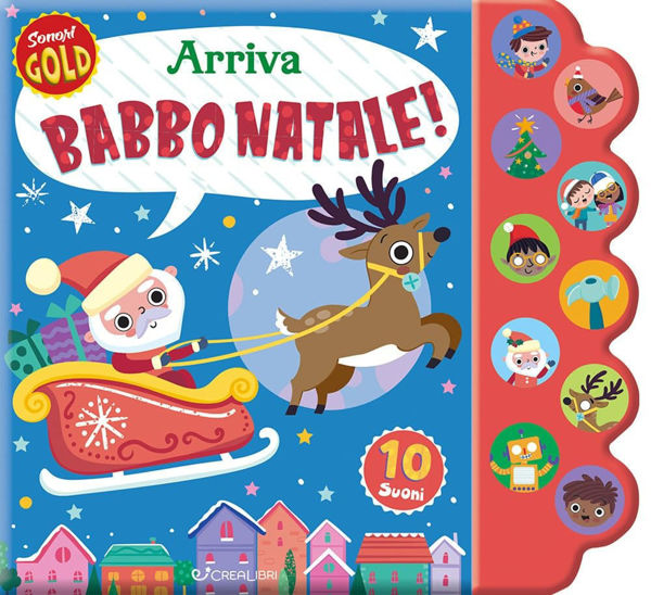 Copertina del libro “Sonori Gold – Arriva Babbo Natale” con slitta, renna e pulsanti sonori